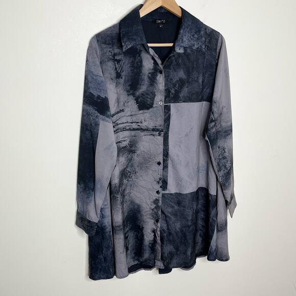 Comfy USA Women Long Sleeve Button Up Tunic Top Small Blue Gray Artsy Lagenlook - Picture 2 of 9